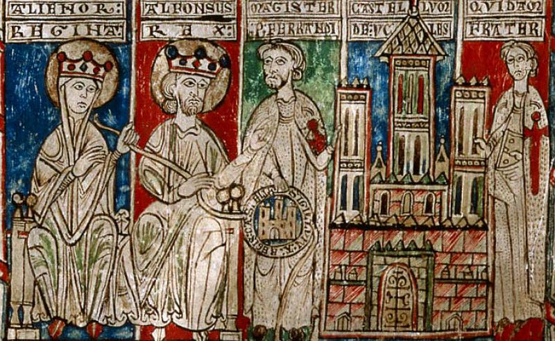 Alfonso VIII de Castilla y Leonor de Plantagenet entregan en 1174 el castillo de Uclés al Maestre de la Orden de Santiago, Pedro Fernández de Fuentecalada (Magister P. Ferrandi[z]). Tumbo menor de Castilla, en el Archivo Histórico Nacional (hacia 1250)  